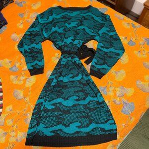 Vintage Midnight Blues Knit Sweater Dress With Belt Size M